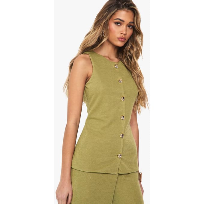 boohoo Dames Textured Button Through Waistcoat | Olijf | Maat: 34