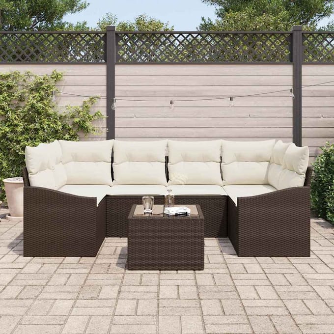vidaXL Bankstel met kussen met opslag 7 pcs Bruin en Crème poly rattan