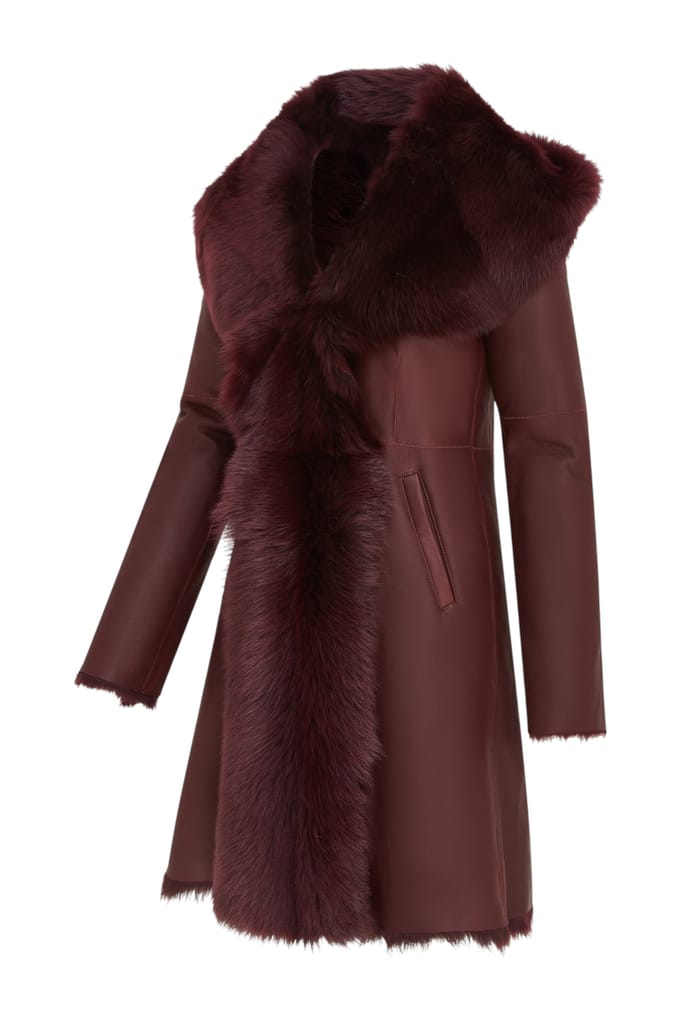 Dames Trenchcoat met capuchon van bordeauxrood Toscaanse schapenvacht - Coast