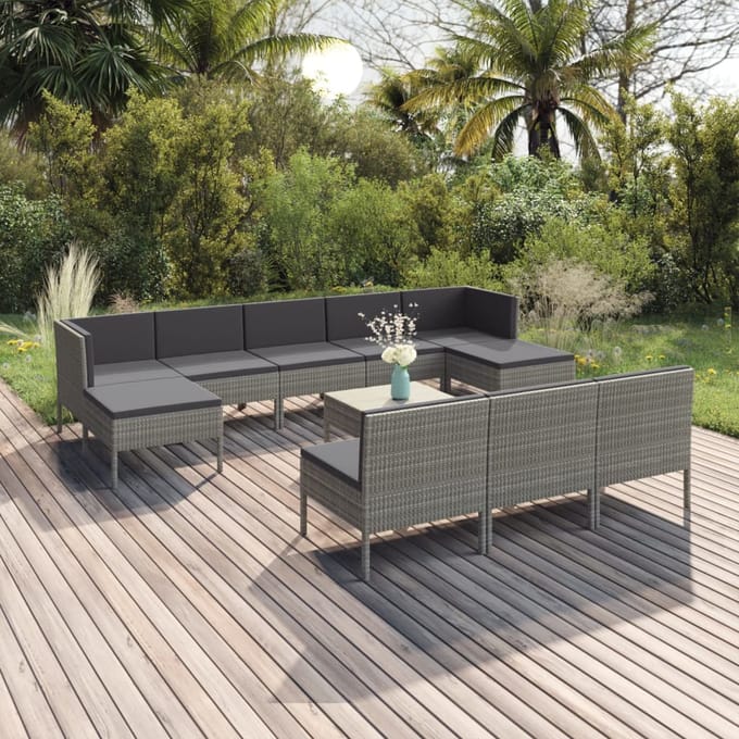 vidaXL - 11-delige - Loungeset - met - kussens - poly - rattan - grijs