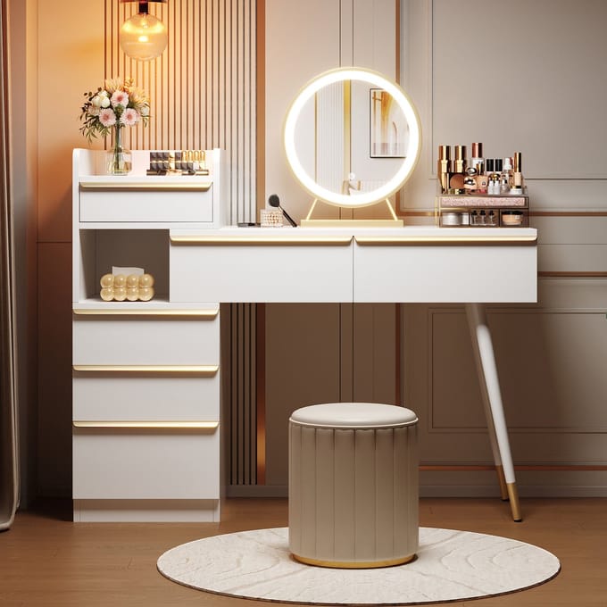 MODFU Kaptafel - Uitschuifbaar Blad En 6 Lades - Met Led-Spiegel - Modern - Spaanplaat - Wit - 100 X 41,5 X 102 Cm
