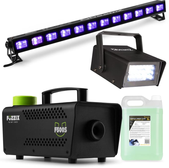 BeamZ complete Halloween lichtset - Met stroboscoop, blacklight bar en rookmachine met 5L vloeistof