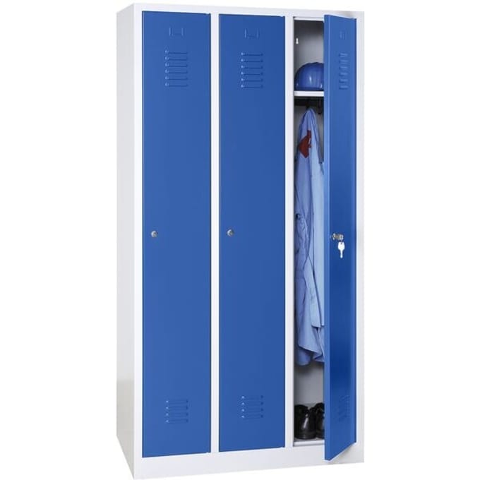 Kledinglocker, 3 deuren, B 900 x H 1800 mm cilinderslot, lichtgrijs/blauw