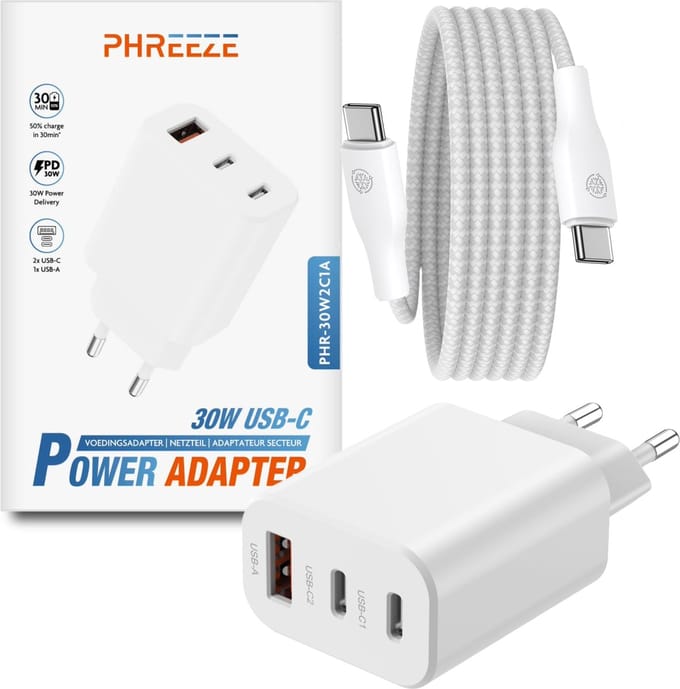 Usb C Adapter 30w Snellader met usb C naar usb C kabel 3 Meter