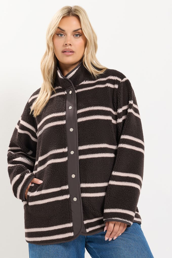 Yours Chocoladebruine Fleece Met Gestreepte Sluiting Size 54-56