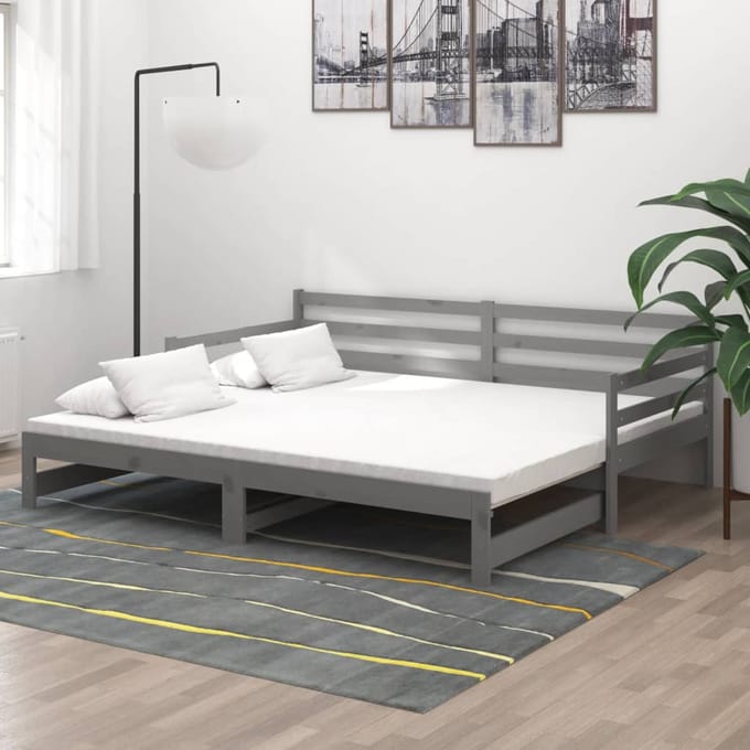 vidaXL - Slaapbank - uitschuifbaar - massief - grenenhout - grijs - 2x(90x200) - cm