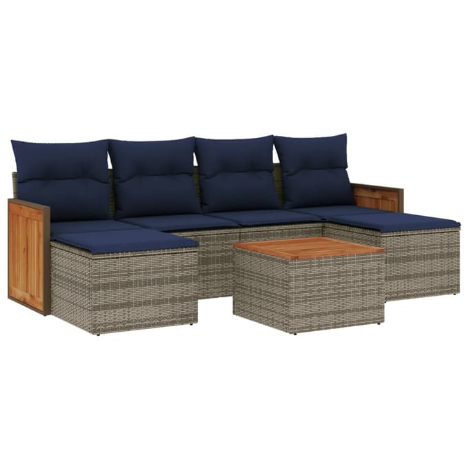 vidaXL - 7-delige - tuinbankset - met - kussens, - grijs - polyrotan
