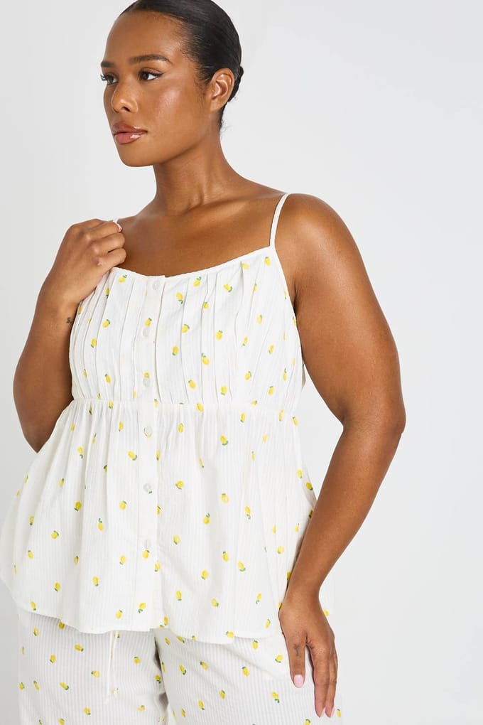 boohoo Dames Plus Wafel Citroenprint Babydoll Pyjama Top | Wit | Maat: 48