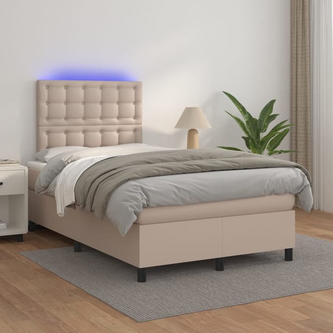 vidaXL - Boxspring - met - matras - en - LED - kunstleer - cappuccinokleur - 120x200cm