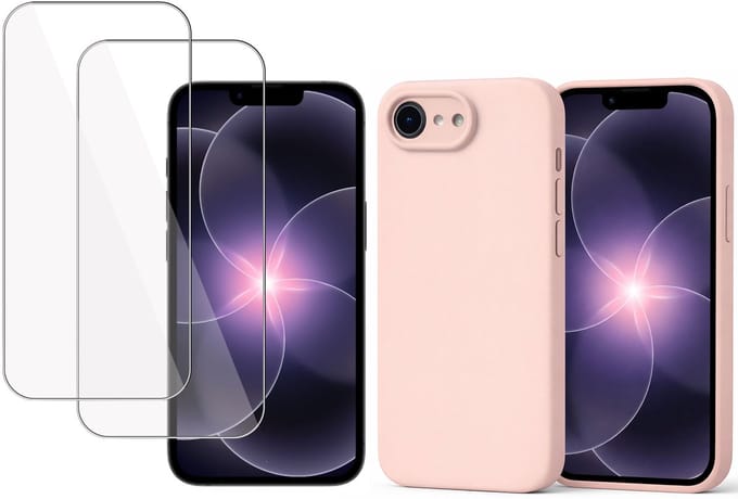 Technow hoesje + 2x Screenprotector geschikt voor iPhone 17e – Tempered Glass - Liquid Back Case - Cover - Roze