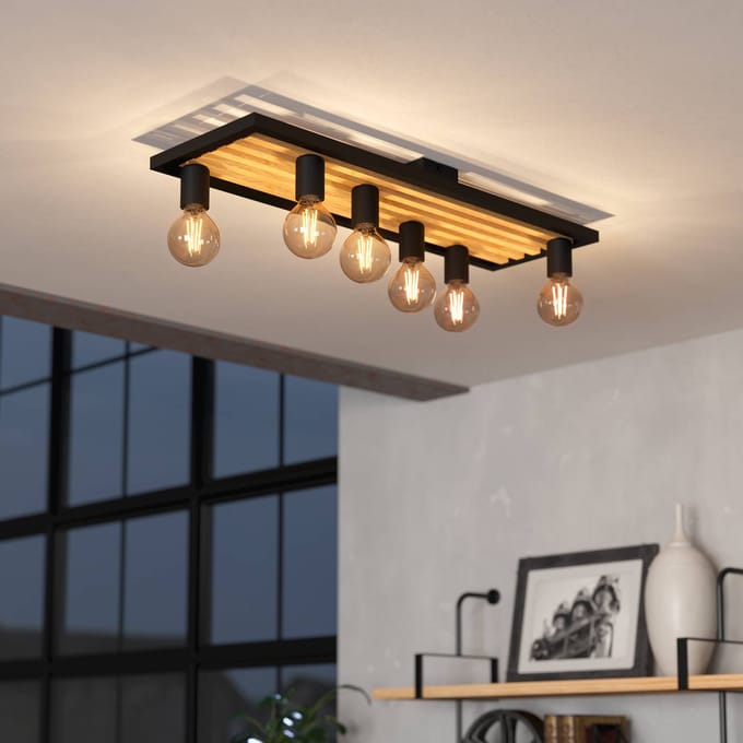 EGLO Consett Plafondlamp - E27 - 78 cm - Hout|Staal - Zwart|Bruin