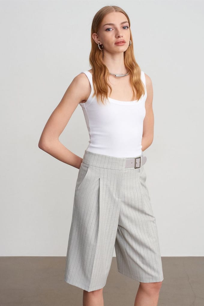 Hoge Taille Gestreepte Tailored Shorts Met Riem