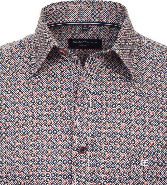 CASA MODA Sport casual fit overhemd - korte mouw - popeline - oranje dessin