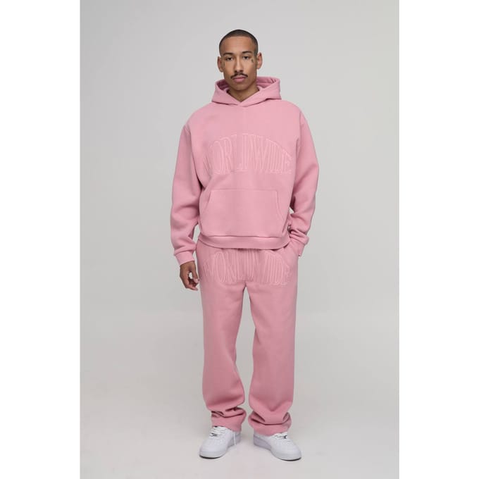 Oversized Boxy Worldwide Applique Jogger Tracksuit | Pink | Size Medium