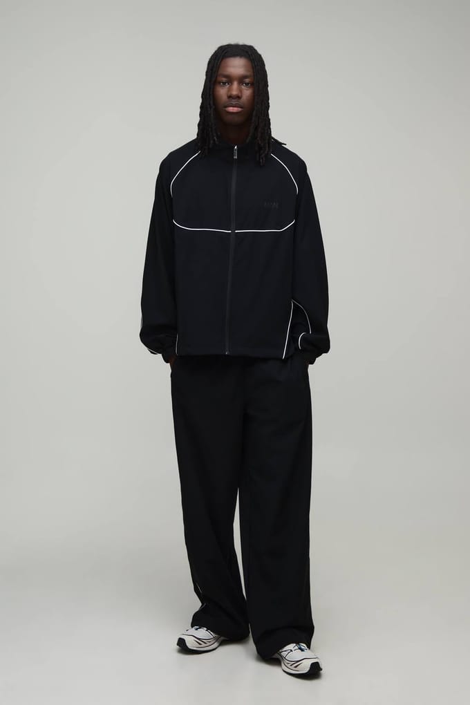 Heren Actief Oversized Trainingspak Met Col En Ritssluiting En Nylon Pijpdetail | Black | Size Medium