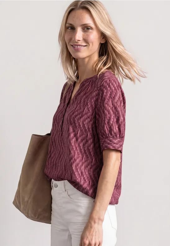 Blouse met korte mouwen, gespleten hals en elastische zoom