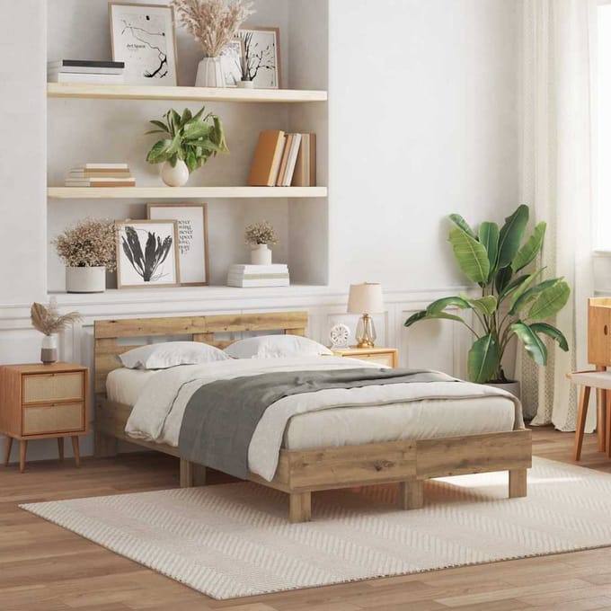 vidaXL - Bedframe - met - hoofdeinde - Artisan - Eiken - 120 - x - 190 - cm - Bewerkt - hout