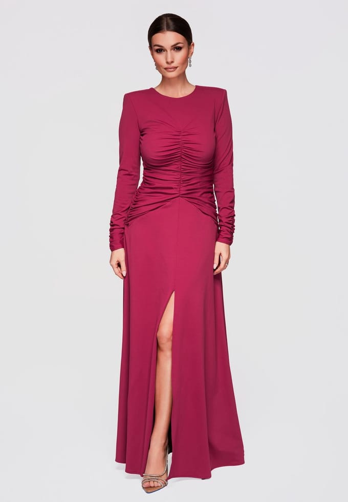 LARICA Jurk - Lange Mouw - Rits - Effen Bordeaux M