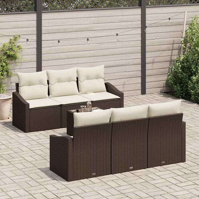 vidaXL Bankstel met kussen met opslag 7 pcs Bruin en Crème poly rattan