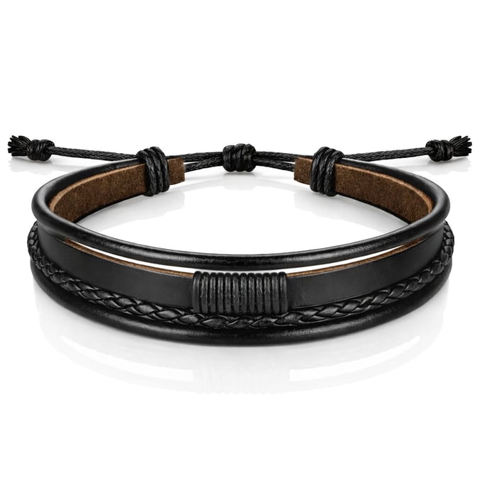 Heren armband Leer Zwart Verstelbaar Touw Multi armband