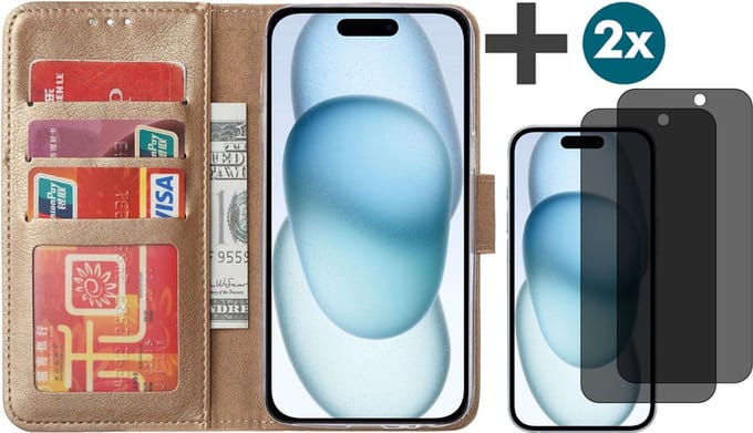 Hoesje met Privacy Screenprotectors 2 Stuks Geschikt voor iPhone 15 Plus – Arara bookcase met pasjeshouder - Goud