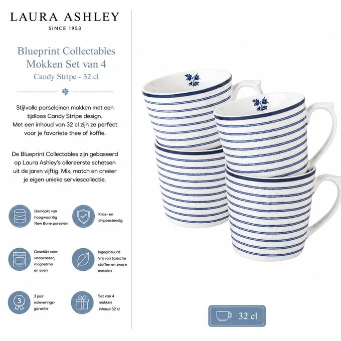 Laura Ashley Blueprint Collectables Mokken set van 4 - Candy Stripe - 32 cl.