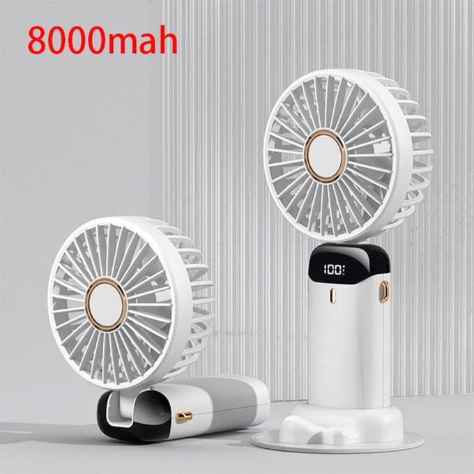 Draagbare ventilator van 5000/8000 mAh met slim LED-digitaal display, 5 snelheden instelbaar, USB-oplaadbaar, mini-handheld-nekventilator 8000mah wit