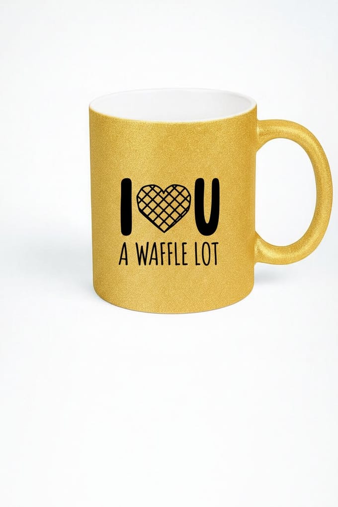 Gouden Glitter Mok 'I  U A WAFFLE LOT' met Wafelhart - Grappig Liefdes Cadeau Beker