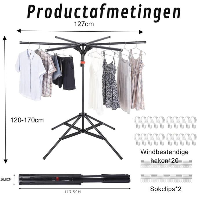 Droogmolen met Voet voor Camping & Thuis - Wasrek Staand - Zwart