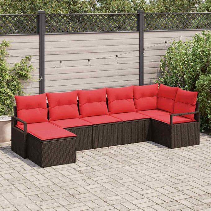 vidaXL - Bankstel - 7 - st - Bruin - en - Rood - poly - rattan
