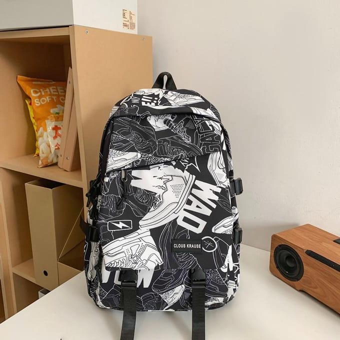 Rugzak met grote capaciteit, graffiti, casual, voor studenten, middelbare scholieren, basisscholieren, schooltas black