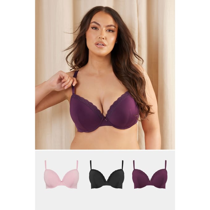 Yours 3 Pack Voorgevormde Bh's Met Kanten Rand En Beugel In Paars/Roze Size 100F
