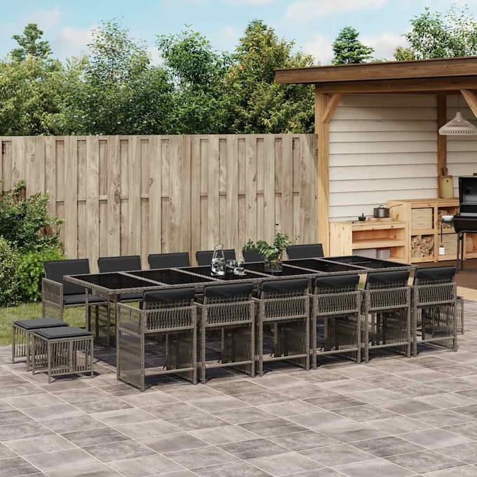 vidaXL - 17-delige - Tuinset - met - kussens - poly - rattan - grijs