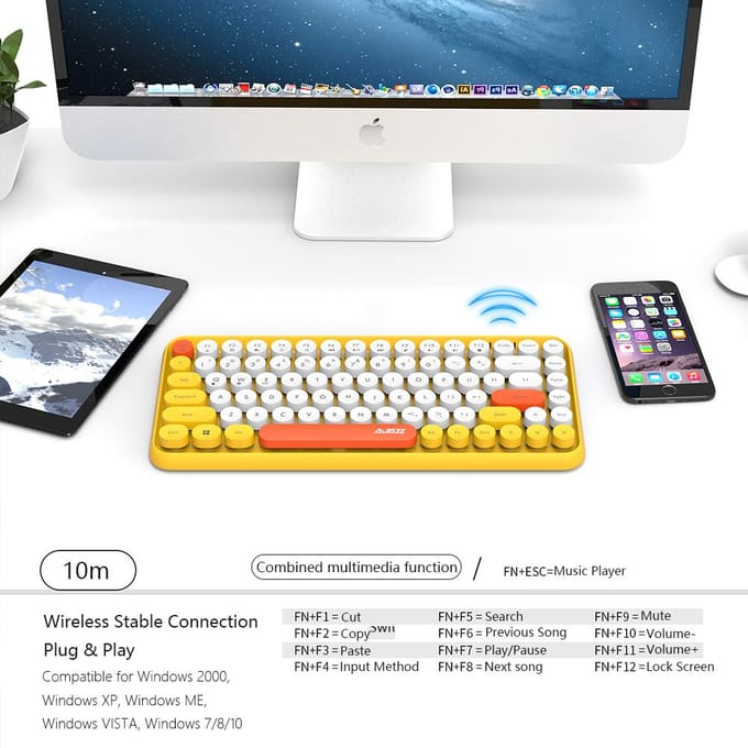 Ajazz 308i clavier Bluetooth capuchon de clé rond 10m connexion Bluetooth 84 touches pour Windows 2000, gris