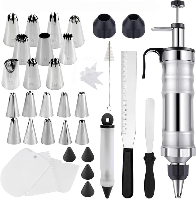 Complete set van 34 onderdelen met 20 spuitmondjes, decoratiepen, taarten, gebak en cupcakes voor het versieren van desserts en koekjes