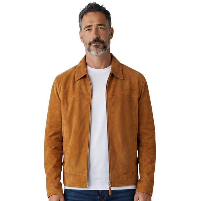Heren Tan Geitensuède Leren Harrington-bikerjas - Bursa