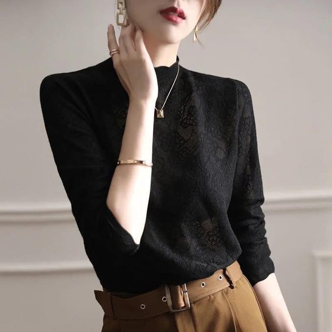 Pull Tricot de Base en Dentelle à Col Semi-Haut pour le Style Intérieur et le Tempérament des Femmes Top Pull 2XL noir