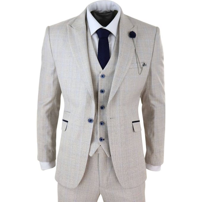 Heren 3-delig crème geruit tweed visgraat vintage klassiek pak