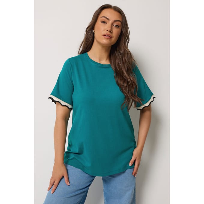 Yours Tealblauw Metallic Tshirt Met Gehaakte Rand Size 50-52