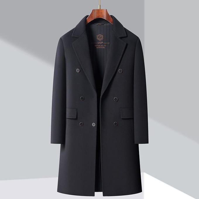 Jas Heren Winter Lang Middelbare leeftijd en Ouderen Jas Papa Wollen Jas 4XL zwart