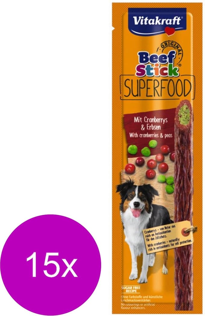 Vitakraft Beef Stick Superfood 25 g - Hondensnacks - 15 x Rund&Erwt&Cranberry