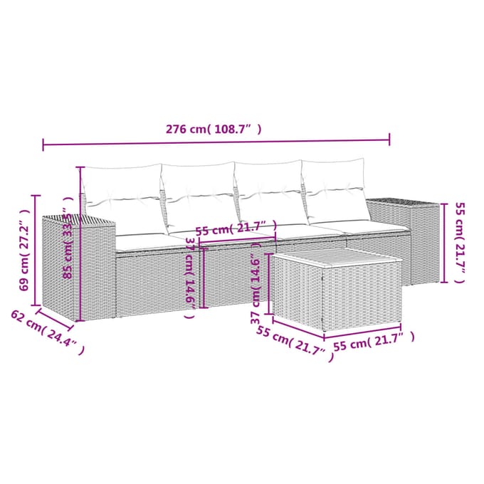vidaXL - 5-delige - Loungeset - met - kussens - poly - rattan - beige
