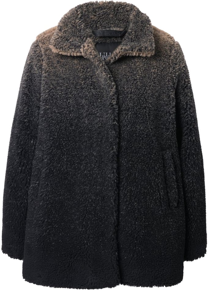 Ulla Popken - Dames - Teddy mantel kleurverloop opstaande kraag drukknopen - Zwart - Maat 58+