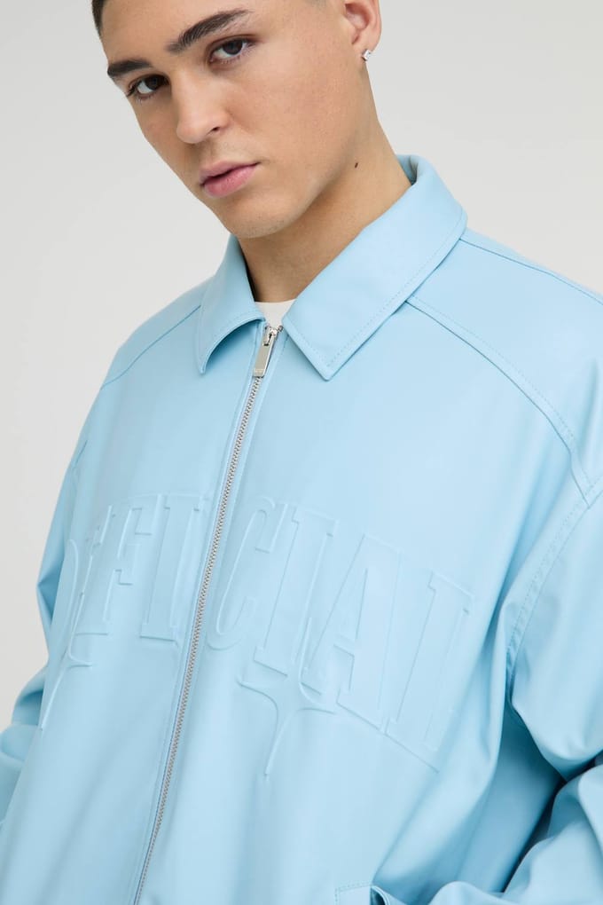 Officieel oversized PU-gegraveerd bomberjack met kraag | Light Blue | Size Medium
