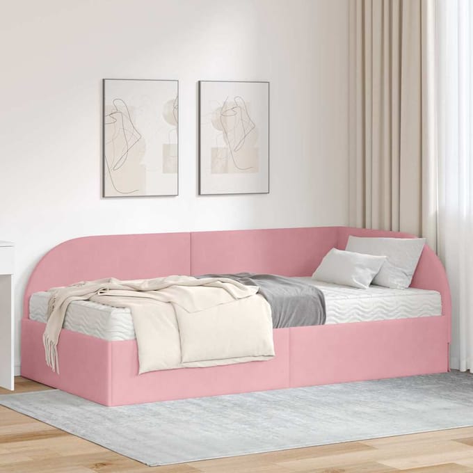 vidaXL - Hoekbedframe - met - Matras - 2 - st - Roze - 80 - x - 200 - cm - Fluweel