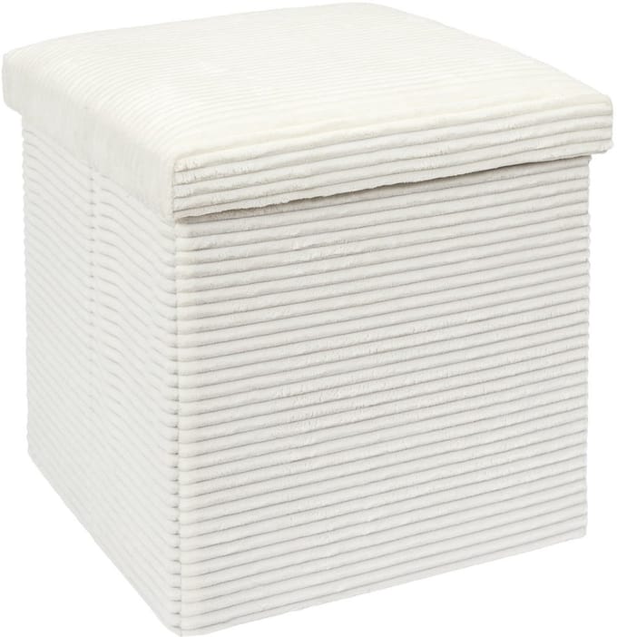 Home Deco Factory Poef/hocker opvouwbaar - rib design - opbergbox - wit - polyester/mdf - 38 x 38 cm