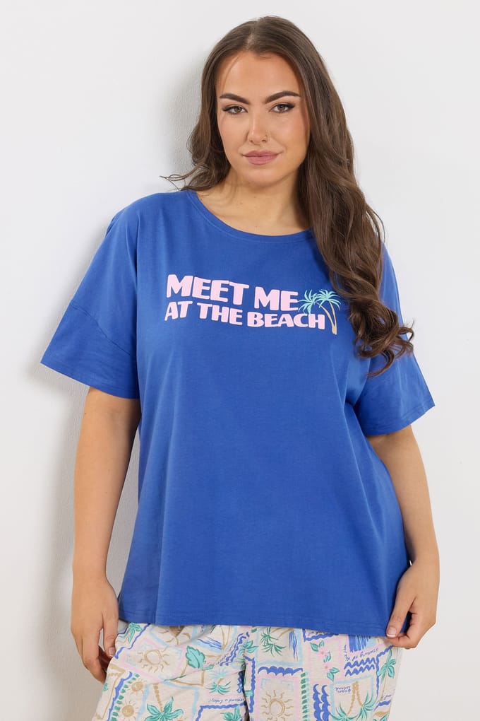 Yours Blauwe Pyjamatop Met ‘Meet Me At The Beach’Slogan Size 42-44