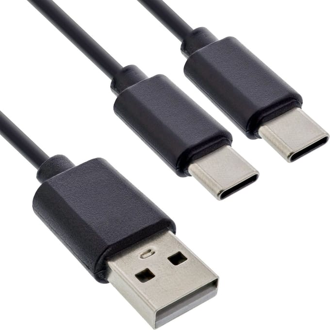 USB-A naar 2x USB-C oplaadkabel | max. 25W | zwart | 2 meter