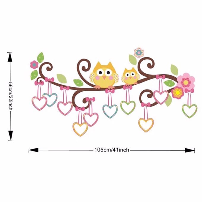 Muurstickers, decoratieve plakstrips, uilen en harten in een boom