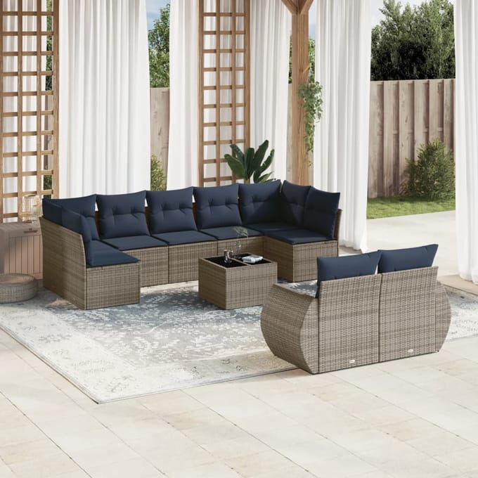 vidaXL - 10-delige - tuinbankset - met - kussens, - grijs - polyrotan
